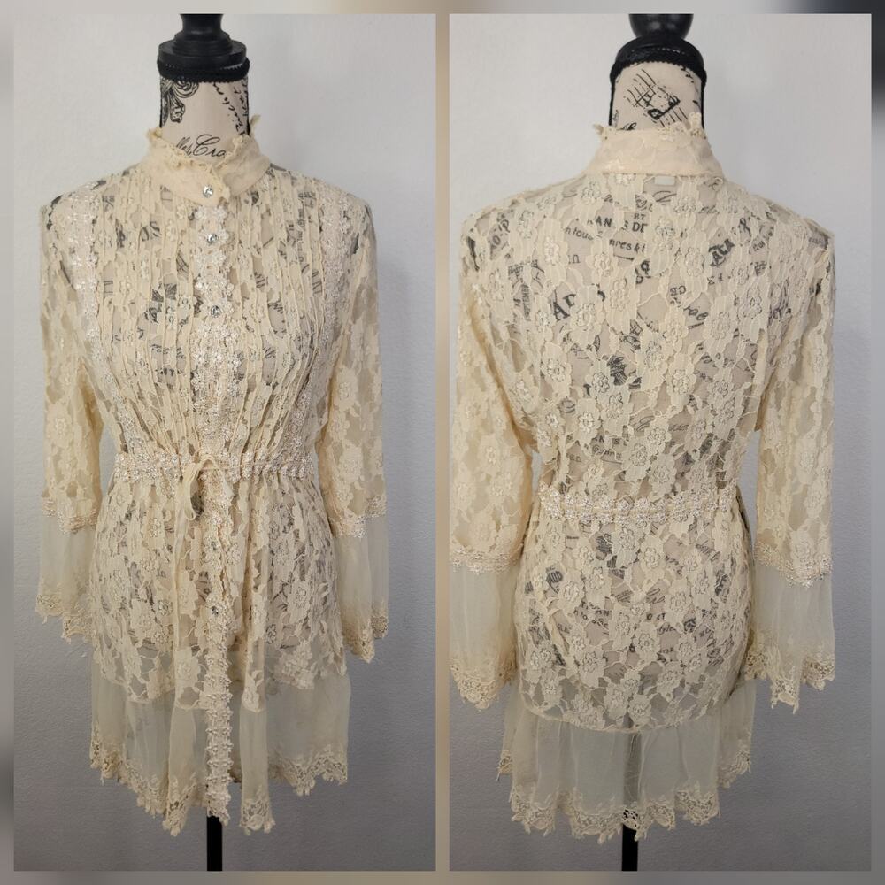 Boston Proper Babydoll Dress L Sheer Lace Crochet Ivory Button Ethereal Regency